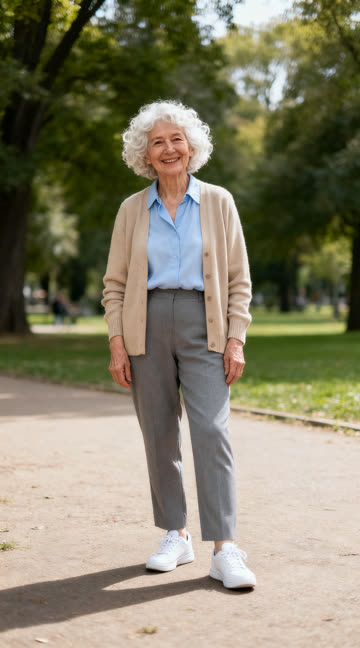 Input photo: an AI-generated grandma in a beige cardigan and grey trousers